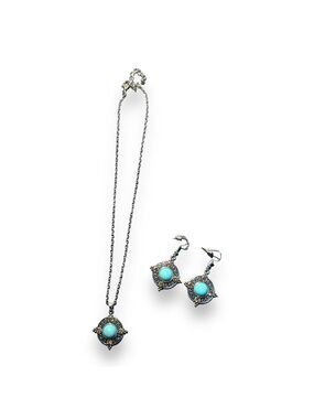 Vintage Look Silver Patterned Rhinestone and Turquoise Necklace and Earrings